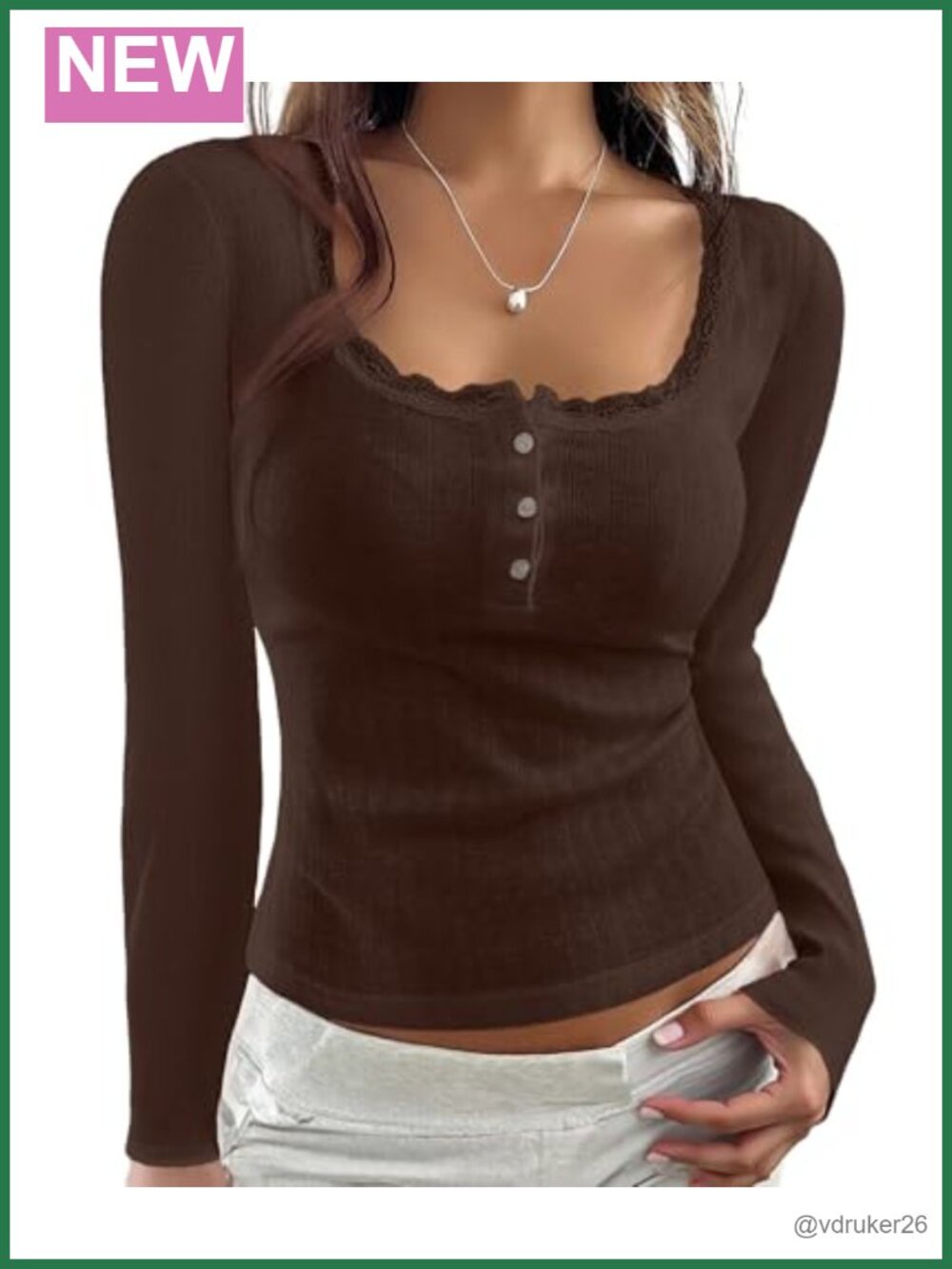 Women Lace Trim Pointelle Crop Top Scoop Neck Button Henley Long Sleeve